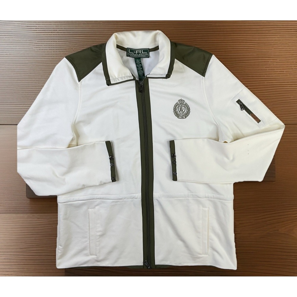 Lauren Ralph Lauren Track Jacket Womens L Active Crest Ivory Olive Full Zip